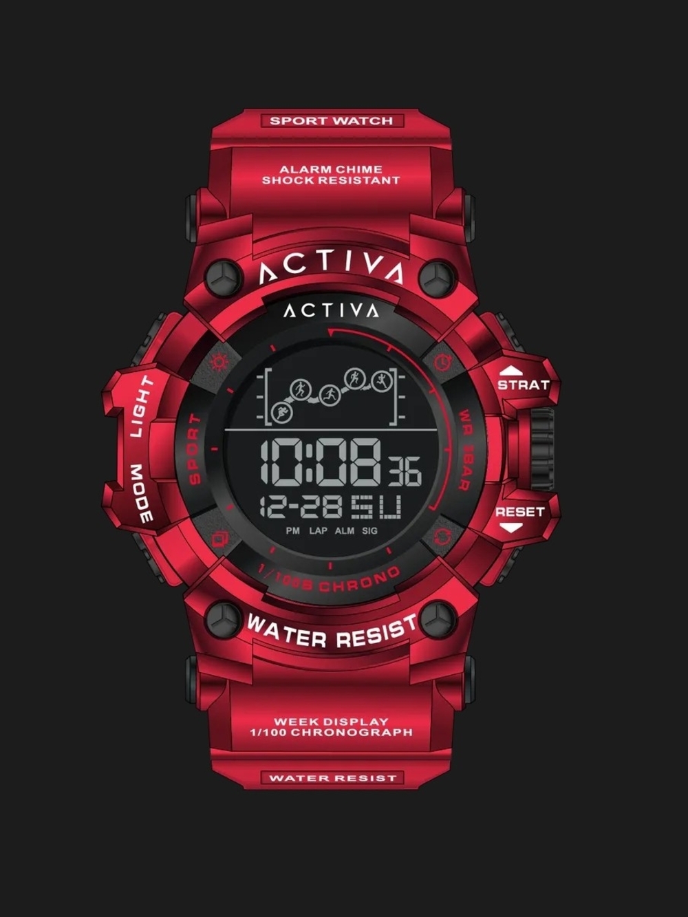 Activa Red Digital Sports Watch with Black Dial 50mm
